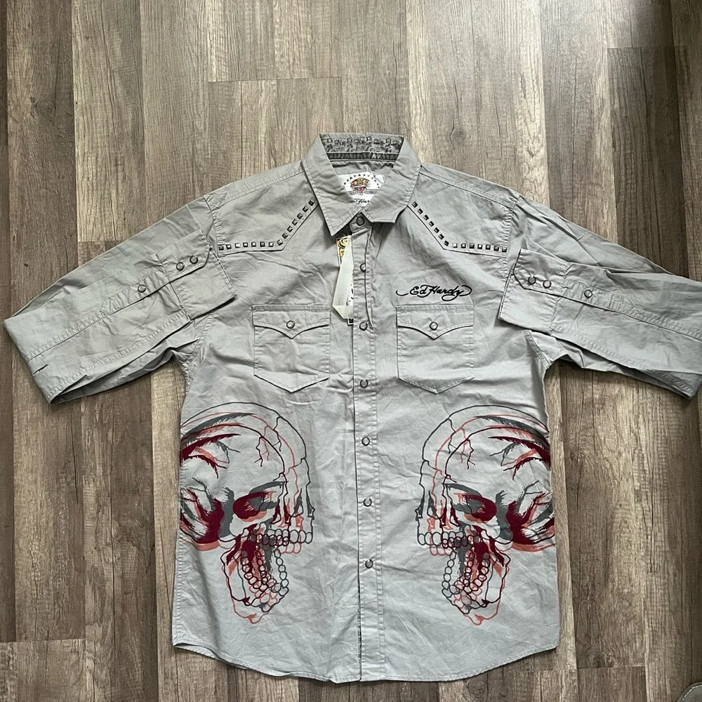 Y2K Ed Hardy Gray Graphic Men's Shirt - Picture 2 of 4
